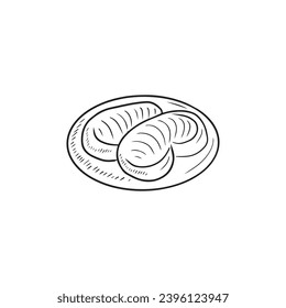 Two tasty buns on plate in black isolated on white background. Hand drawn vector sketch illustrations in doodle engraved vintage style. Concept of menu, confectionery, bakery, cafe, home made