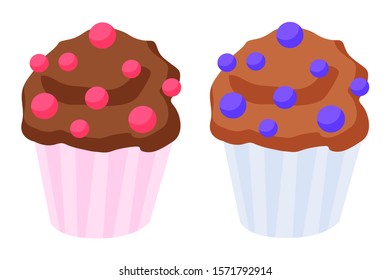Two tasty cupcakes isolated on white. Cakes with pink and blue decoration. Baked dessert from natural ingredients. Chocolate muffins in cups. Vector illustration of closeup confection in flat style