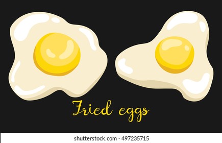 Two tasty fried eggs from fresh chicken eggs. Isolated illustration set with the inscription on black background