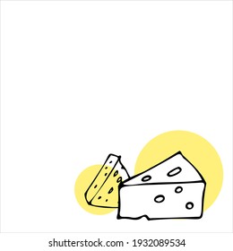 Two tasty pieces of cheese of different sizes with large holes. Doodle vector illustration, simple cartoon line art. Logo, emblem, sign, icon.