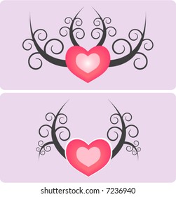 Two tattoo design of a pink love heart with curls and sharp ends.