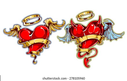 Two tattoo styled hearts. Angel and devil hearts. Vector arts.