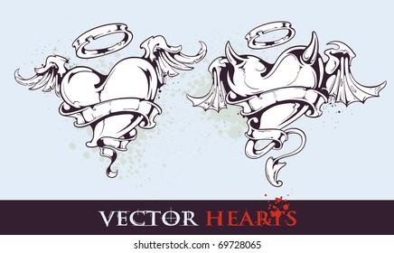 Two tattoo styled hearts for your valentines design. Layered. Vector EPS 10 illustration.