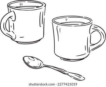 Two Tea Coffee Cups Cup Mugs Mug with Spoon Black and White Pen and Ink Hand Drawn Line Drawing Illustration Vector Logo Art
