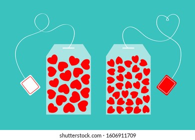 Two teabag with red heart set inside. Happy Valentines Day. Teabag packaging with label icon. Love greeting card. Flat design. Top wiew. Isolated. Blue background. Vector illustration.