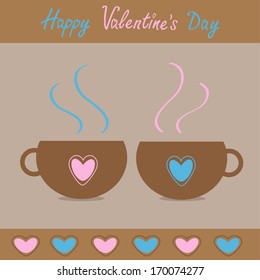 Two teacups with hearts.  Happy Valentines Day card.  Vector illustration.