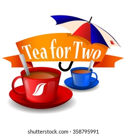 Two teacups on a background of an advertising banner with an umbrella