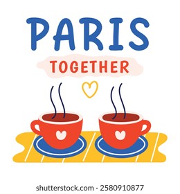 Two teacups with paris together text, flat sticker 