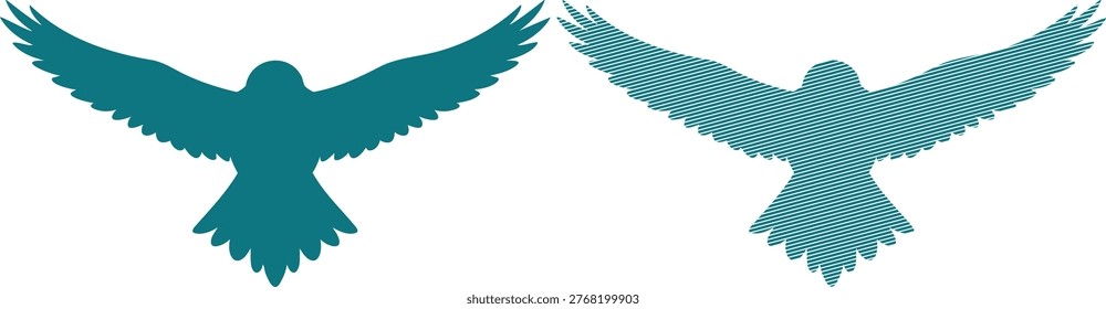 Two teal birds in flight with outstretched wings silhouettes
