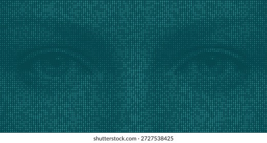 Dois olhos cor de azul-petróleo emergindo de um fluxo de uns brilhantes e zeros no estilo matriz