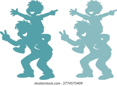 Two teal-colored silhouettes of boys, one on of the other's shoulders, against a white background. The silhouette on the left is solid teal, while the one on the right has a striped pattern. Both boys their arms outstretched, with the boy pointing and the bottom boy making a peace sign.