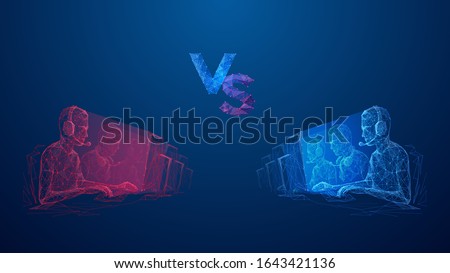 Two team of cyber sport. Abstract banner template for eSport competition. Red tram VS blue team. Versus cyber sports. Low poly wireframe digital concept. Technology innovation vector illustration.