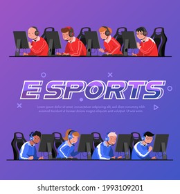 Two team of e-sports athlete competition in Esports competition. Blue team and Red team fight in cyber war game for Trophies and rewards money. Vector flat illustration.