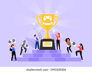 Two team of e-sports athlete competition in Esports competition. Blue team and Red team fight in cyber war game for Trophies and rewards money. Vector flat illustration.