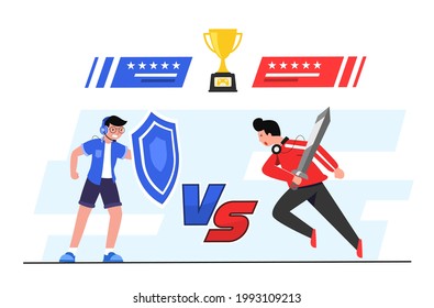 Two team of e-sports athlete competition in Esports competition. Blue team and Red team fight in cyber war game for Trophies and rewards money. Vector flat illustration.