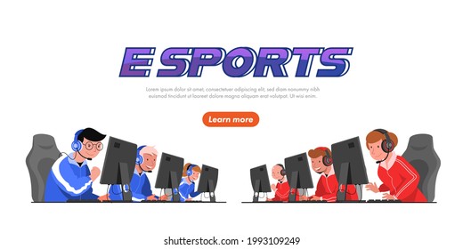 Two team of e-sports athlete competition in Esports competition. Blue team and Red team fight in cyber war game for Trophies and rewards money. Vector flat illustration.