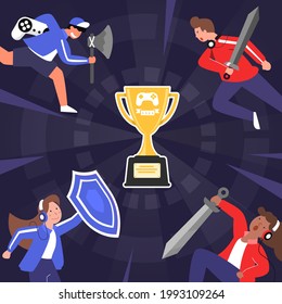 Two team of e-sports athlete competition in Esports competition. Blue team and Red team fight in cyber war game for Trophies and rewards money. Vector flat illustration.