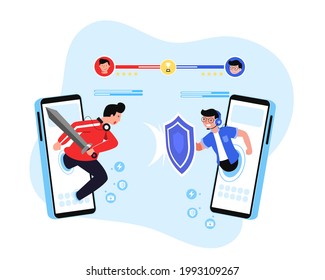 Two team of e-sports athlete competition in Esports competition. Blue team and Red team fight in cyber war game for Trophies and rewards money. Vector flat illustration.