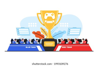 Two team of e-sports athlete competition in Esports competition. Blue team and Red team fight in cyber war game for Trophies and rewards money. Vector flat illustration.