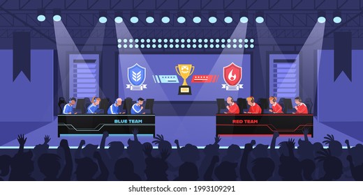 Two team of e-sports athlete competition in Esports competition. Blue team and Red team fight in cyber war game for Trophies and rewards money. Vector flat illustration.