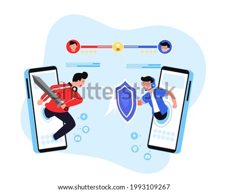 Two team of e-sports athlete competition in Esports competition. Blue team and Red team fight in cyber war game for Trophies and rewards money. Vector flat illustration.