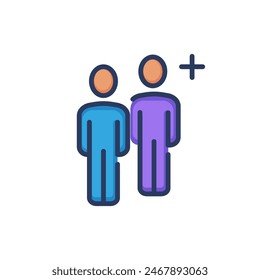 Two team members and add symbol line icon. Team, community, plus, cross isolated outline sign. People, human resource, community concept. Vector illustration for web design