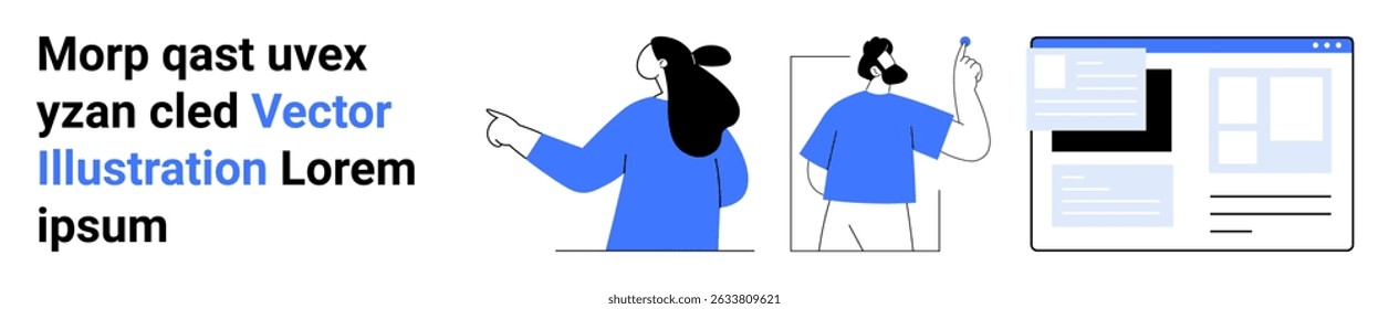 Two team members in blue attire pointing and discussing with a website interface on the right. Ideal for tech, web design, teamwork, presentation, strategy, development, concepts. Banner for landing