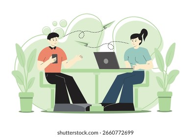 Dois membros da equipe tendo discussões casuais de negócios com smartphone e laptop no local de trabalho com tema verde. Colaboração e comunicação em ambientes modernos de escritório.