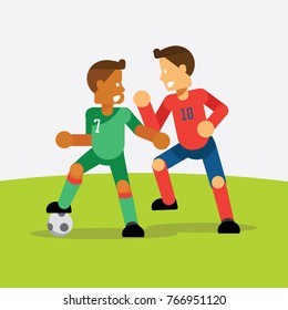 two team soccer players against during soccer game green team versus red team on field vector illustration