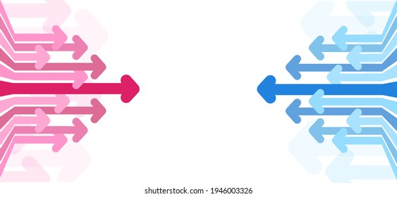 Two teams of arrows, blue and red, move towards each other. Concept Rivalry, business or struggle. Arrows move to left and right. Vector illustration Abstract background.