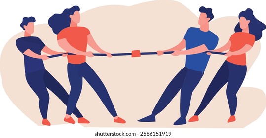 Two teams compete in a game of tug-of-war, pulling on opposite sides of the rope with determination. This activity symbolizes teamwork, strength, strategy, and competition. It is often played in sport