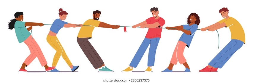 Two Teams Compete In A Test Of Strength And Teamwork, Pulling Opposite Ends Of A Rope In Opposite Directions, Trying To Pull The Other Team Across A Designated Line. Cartoon People Vector Illustration