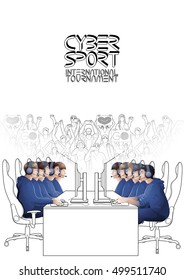 Two teams of five players sitting at the table opposite each other with a crowd of cheering fans on the background. Side view. Coloring book page design for adults and kids.