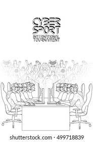 Two teams of five players sitting at the table opposite each other with a crowd of cheering fans on the background. Side view. Coloring book page design for adults and kids.