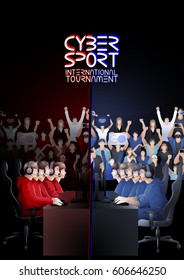 Two teams of five players sitting at the table opposite each other with a crowd of cheering fans on the background. Side view. Vector participants of cyber sport tournament