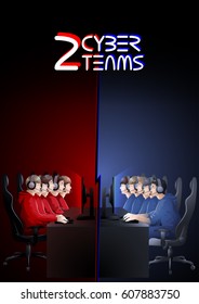 Two teams of five players sitting at the table opposite each other. Side view. Vector participants of cyber sport tournament