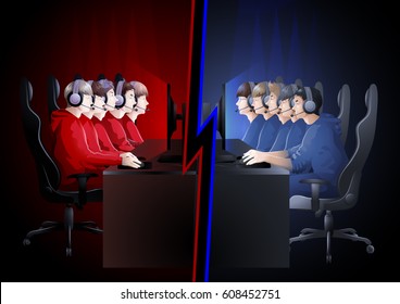Two teams of five players sitting at the table opposite each other. Side view. Vector participants of cyber sport tournament