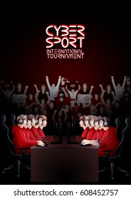 Two teams of five players sitting at the table opposite each other with a crowd of cheering fans on the background. Side view. Vector participants of cyber sport tournament