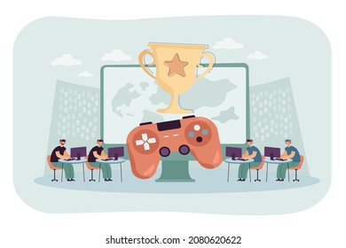 Two teams on sides playing virtual computer games with large screen, console and cup between them. Esports championship flat vector illustration. Entertainment, online competition, team work concept