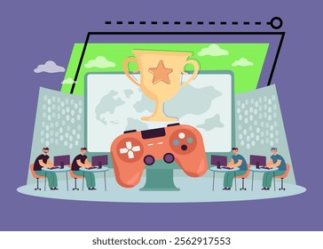 Two teams on sides playing virtual computer games with large screen, console and cup between them. Esports championship flat vector illustration. Entertainment, online competition, team work concept