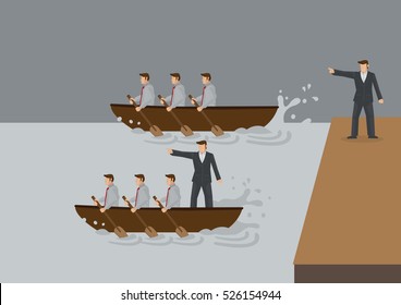 Two Teams Of People Rowing Boat In The Water, One With Leader Standing On Land And One With Leader In The Boa. Creative Vector Illustration For Concept On Different Types Of Leadership Style. 