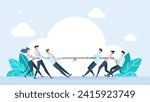 Two teams play pulling rope game. Business competition. People pull rope in tug of war competition. Men and women. Concept business teamwork, cooperation, solution conflicts. Vector flat illustration