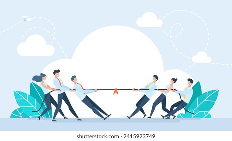 Two teams play pulling rope game. Business competition. People pull rope in tug of war competition. Men and women. Concept business teamwork, cooperation, solution conflicts. Vector flat illustration