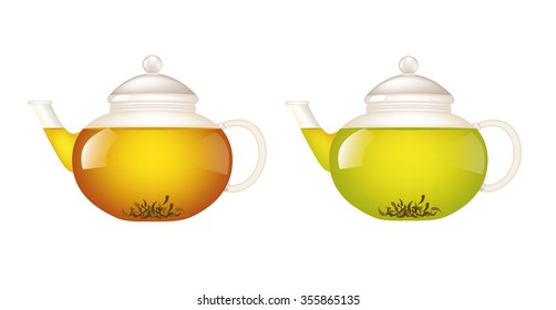 Two teapots isolated on white background. Teapot with green and black tea.