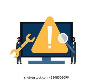 two Technician errors and service. computer Operating system error. security alert or hardware fault to be fixed. two technician holding wrench and magnifying glass.