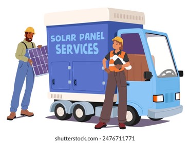 Two Technicians Installing Solar Panels With A Service Truck, Showcase Renewable Energy Technology And Teamwork In Environmental Conservation Sustainable Energy. Solar Power, And Eco-friendly Solution