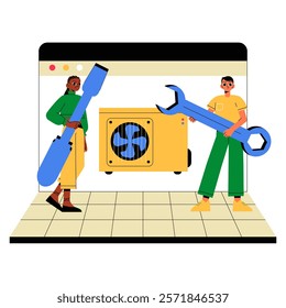 Two Technicians With Tools And Air Conditioning Unit In Flat Vector Illustration Symbolizing HVAC Installation And Maintenance, Isolated On White Background