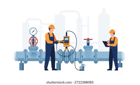 Dois técnicos em uniformes de trabalho verificando um oleoduto industrial com medidores e equipamento de diagnóstico.
