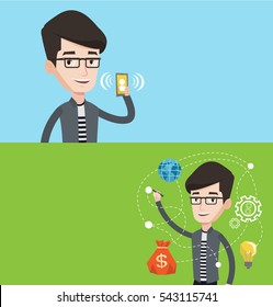 Two technology banners with space for text. Vector flat design. Horizontal layout. Caucasian businessman writing on a virtual screen. Young businessman drawing business plan on a virtual screen.