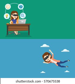 Dos banners tecnológicos con espacio para el texto. Diseño plano vectorial. Diseño horizontal. Mujer de negocios con casco de realidad virtual y trabajando en computadora. Mujer usando un dispositivo de realidad virtual en la oficina.
